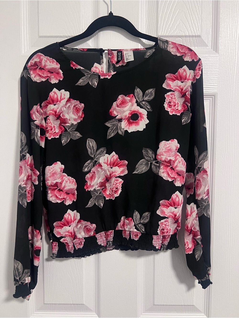 Divided Black Long-Sleeve Top with Pink Floral Print
